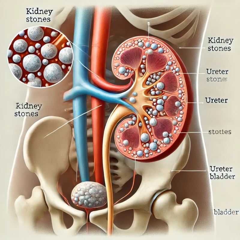 Berikut adalah ilustrasi tentang batu ginjal, menunjukkan anatomi ginjal dengan bagian yang memperlihatkan pembentukan batu ginjal di pelvis ginjal dan ureter. Gambar ini berguna untuk penjelasan medis.