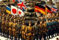 Ini adalah ilustrasi yang menunjukkan negara-negara peserta dalam Perang Dunia II dengan bendera dan pasukan militer mereka masing-masing. Gambar ini menampilkan pasukan dari berbagai negara seperti Amerika Serikat, Uni Soviet, Inggris, Jerman, Jepang, dan Italia.