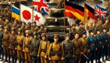 Ini adalah ilustrasi yang menunjukkan negara-negara peserta dalam Perang Dunia II dengan bendera dan pasukan militer mereka masing-masing. Gambar ini menampilkan pasukan dari berbagai negara seperti Amerika Serikat, Uni Soviet, Inggris, Jerman, Jepang, dan Italia.