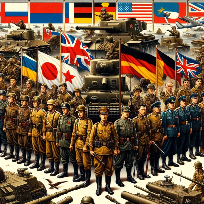 Ini adalah ilustrasi yang menunjukkan negara-negara peserta dalam Perang Dunia II dengan bendera dan pasukan militer mereka masing-masing. Gambar ini menampilkan pasukan dari berbagai negara seperti Amerika Serikat, Uni Soviet, Inggris, Jerman, Jepang, dan Italia.