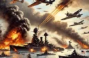 ilustrasi serangan Pearl Harbor, menggambarkan kekacauan di pangkalan angkatan laut dengan pesawat-pesawat tempur Jepang menyerang, ledakan, dan kapal-kapal Amerika yang terbakar.