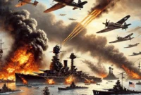 ilustrasi serangan Pearl Harbor, menggambarkan kekacauan di pangkalan angkatan laut dengan pesawat-pesawat tempur Jepang menyerang, ledakan, dan kapal-kapal Amerika yang terbakar.